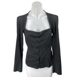 Zara Women's Black Square Neck Long Sleeve Button Down Shirt Blouse Top Size L